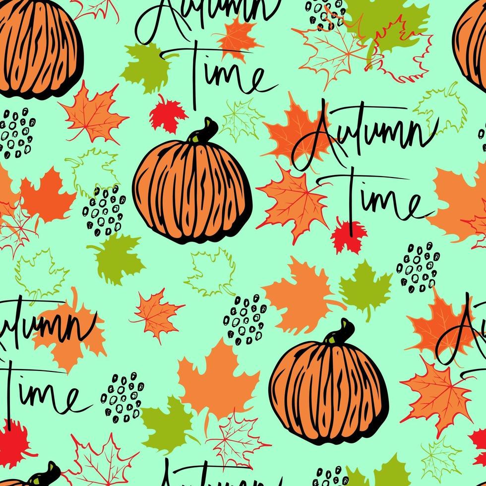 vector seamless pattern autumn leaves and  pumpkin with lettering autumn time background. Autumn clip art hand painted, isolated. Halloween pumpkin. for invitations, greeting cards, print, banners