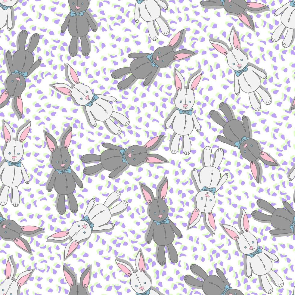vector seamless pattern white and gray rabbits doll toys with bows and eyes with buttons on a background of colored spots. Background for nursery, children's things, fabrics, prints.