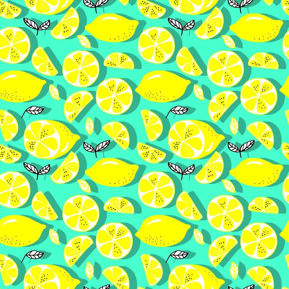 vector seamless pattern lemons and sliced lemons on a background. Summer lemon pattern for background, fabric, paper, textile, invitations, web pages.