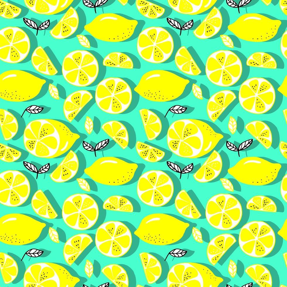 vector de patrones sin fisuras limones y limones en rodajas sobre un fondo. patrón de limón de verano para fondo, tela, papel, textil, invitaciones, páginas web.