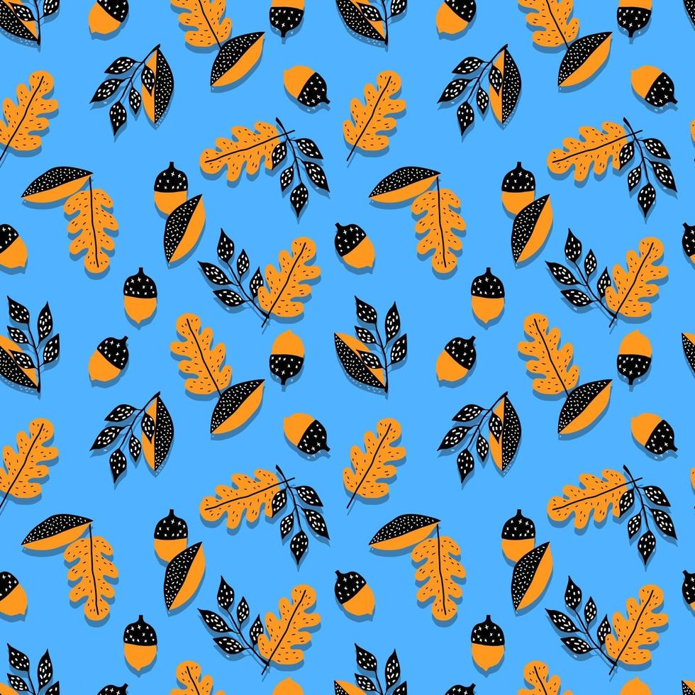 vector de patrones sin fisuras bellotas, ramas de roble con hojas. bosque botánico negro amarillo ilustración. fondo, papel pintado, tela, textil, embalaje, papel