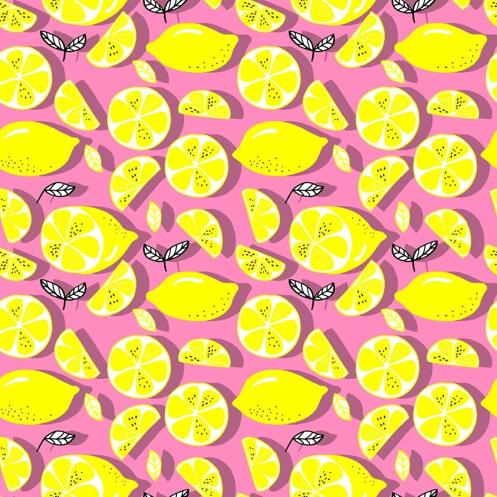 vector seamless pattern lemons and sliced lemons on a background. Summer lemon pattern for background, fabric, paper, textile, invitations, web pages.