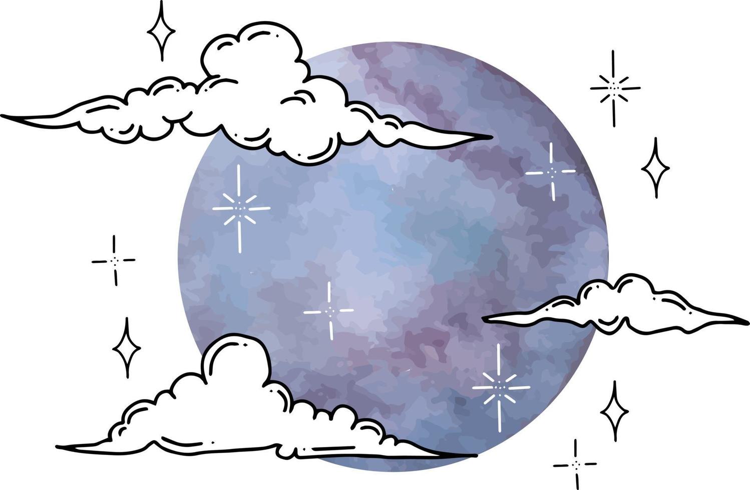 Vector graphics of clouds and stars with watercolor moon. Isolated vector illustration character set.