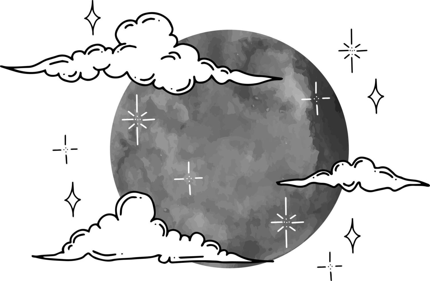 gráficos vectoriales de nubes y estrellas con luna acuarela. conjunto de caracteres de ilustración de vector aislado.