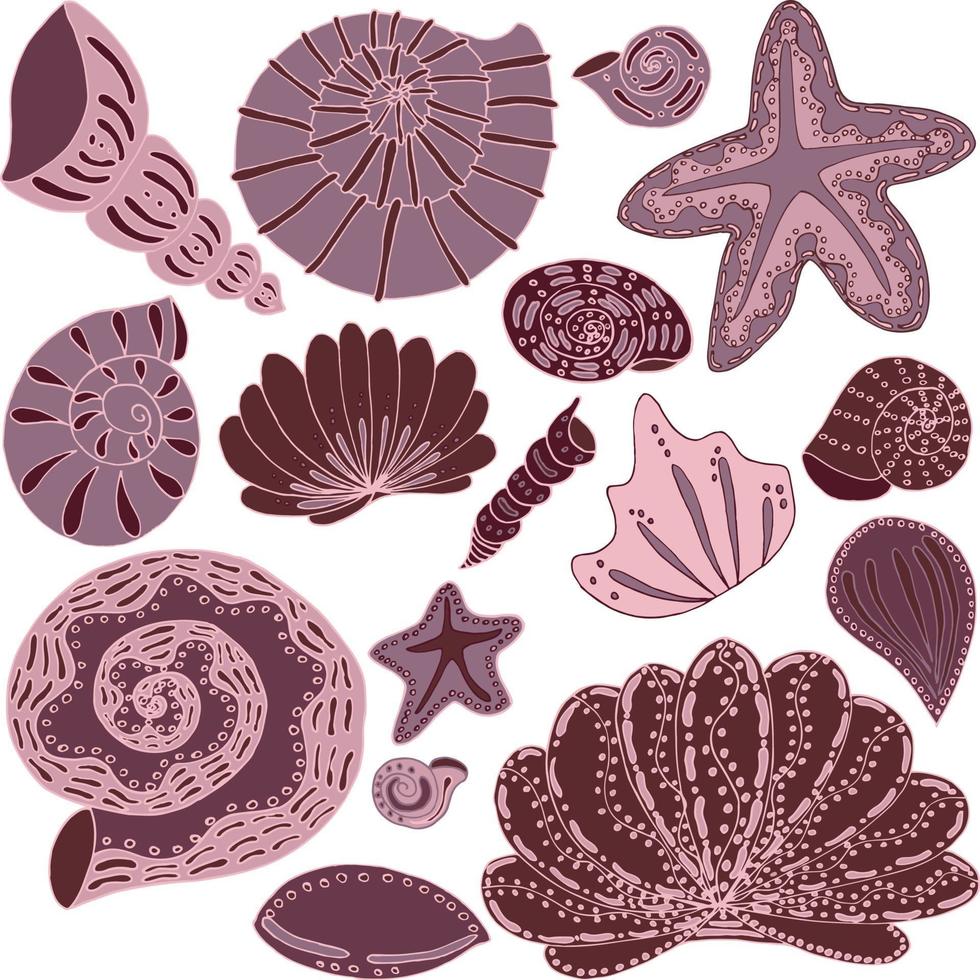 vector, conjunto, de, conchas marinas, y, estrella de mar, monocromo, aislado, rosa, objetos, de, los, mares, y, océanos, mundo submarino vector