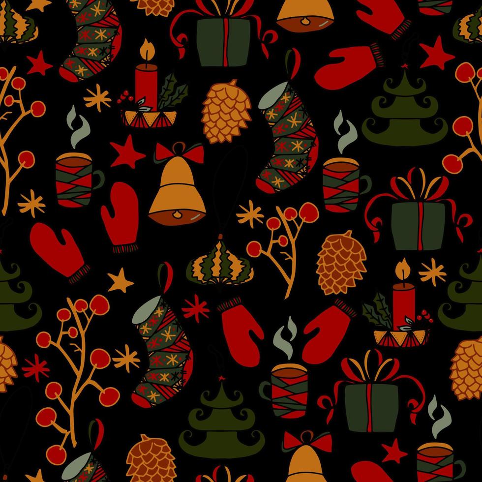 Christmas and New Year doodles vector seamless pattern. Winter background for packaging, congratulations and invitations