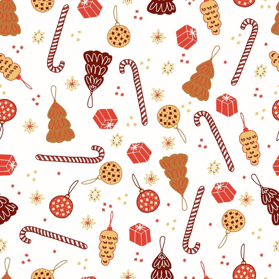 Christmas gingerbread cookies and pastries in the form of fir trees and Christmas balls striped lollipops canes and stars vector seamless pattern. Isolated sweets for the new year. Winter background