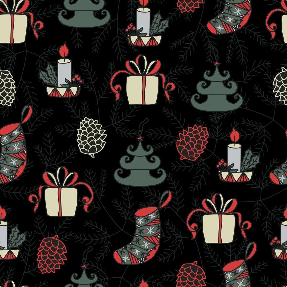 velas de Navidad, bolas de Navidad en forma de árboles, calcetines de Navidad, cajas de regalos y conos en el fondo de un patrón transparente de vector de árbol de Navidad. fondo de invierno para embalaje