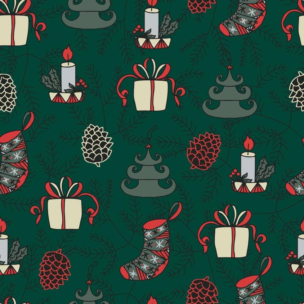 Christmas candles, Christmas balls in the form of trees, Christmas socks, boxes of gifts and cones on the background of a Christmas tree vector seamless pattern. Winter background for packaging