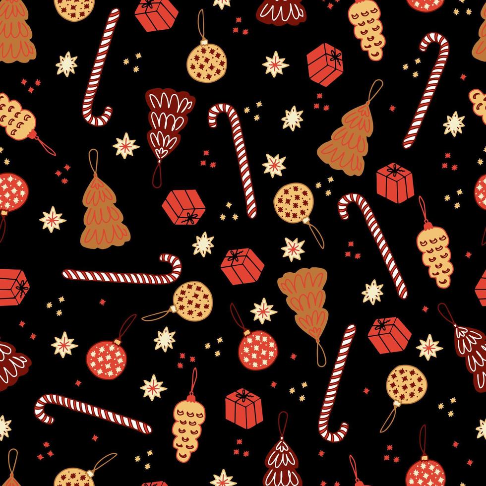 galletas de jengibre de Navidad y pasteles en forma de abetos y bolas de Navidad piruletas de rayas bastones y estrellas patrón transparente de vector. dulces aislados para el nuevo año. fondo de invierno vector