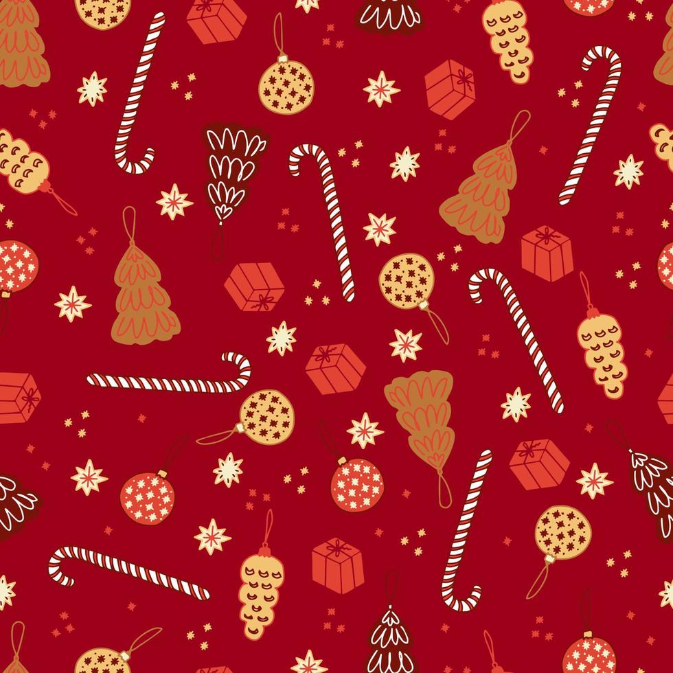 Christmas gingerbread cookies and pastries in the form of fir trees and Christmas balls striped lollipops canes and stars vector seamless pattern. Isolated sweets for the new year. Winter background