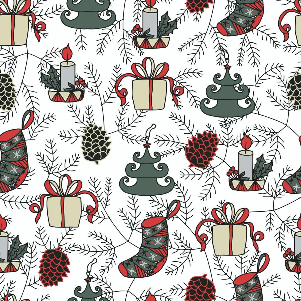 Christmas candles, Christmas balls in the form of trees, Christmas socks, boxes of gifts and cones on the background of a Christmas tree vector seamless pattern. Winter background for packaging