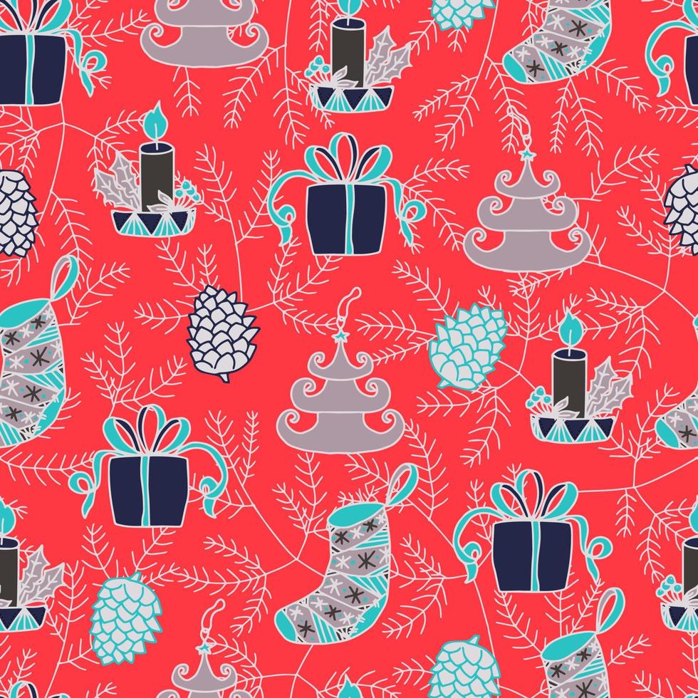 Christmas candles, Christmas balls in the form of trees, Christmas socks, boxes of gifts and cones on the background of a Christmas tree vector seamless pattern. Winter background for packaging