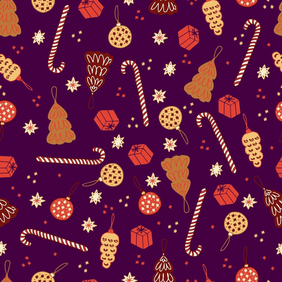 galletas de jengibre de Navidad y pasteles en forma de abetos y bolas de Navidad piruletas de rayas bastones y estrellas patrón transparente de vector. dulces aislados para el nuevo año. fondo de invierno vector