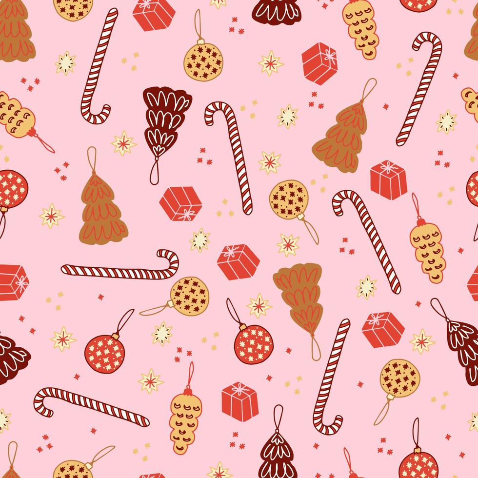 Christmas gingerbread cookies and pastries in the form of fir trees and Christmas balls striped lollipops canes and stars vector seamless pattern. Isolated sweets for the new year. Winter background
