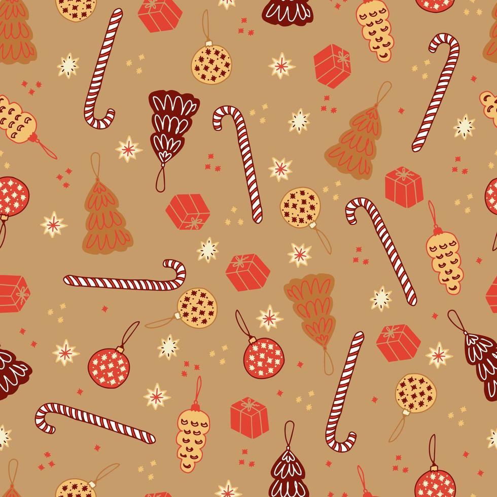 Christmas gingerbread cookies and pastries in the form of fir trees and Christmas balls striped lollipops canes and stars vector seamless pattern. Isolated sweets for the new year. Winter background