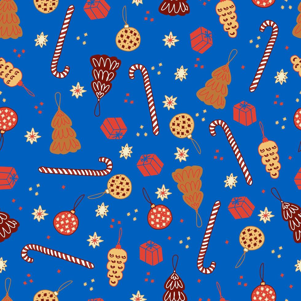 Christmas gingerbread cookies and pastries in the form of fir trees and Christmas balls striped lollipops canes and stars vector seamless pattern. Isolated sweets for the new year. Winter background