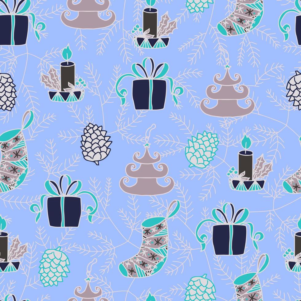 Christmas candles, Christmas balls in the form of trees, Christmas socks, boxes of gifts and cones on the background of a Christmas tree vector seamless pattern. Winter background for packaging
