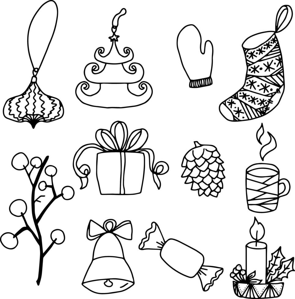 new year and Christmas set of vector doodle isolated elements.