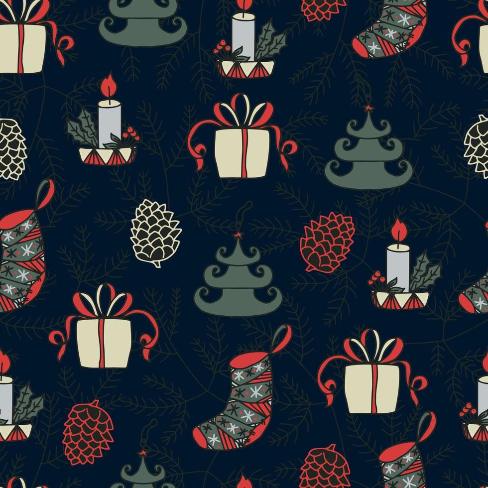 Christmas candles, Christmas balls in the form of trees, Christmas socks, boxes of gifts and cones on the background of a Christmas tree vector seamless pattern. Winter background for packaging