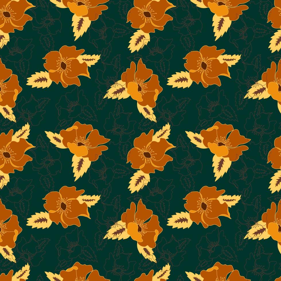 vector seamless pattern contour floral  with opened leaves and buds on a contrasting background. Botanical illustration for fabrics, textiles, wallpapers, papers, backgrounds.