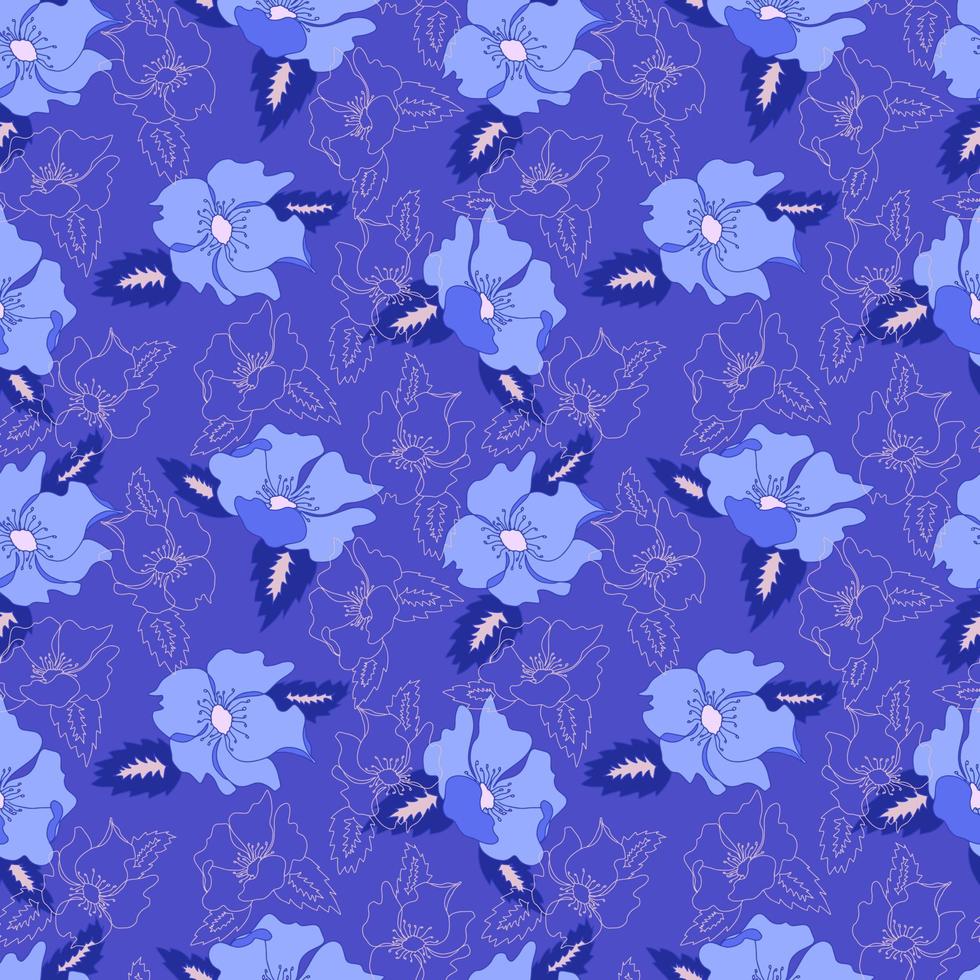 Vector floral de contorno de patrones sin fisuras con hojas abiertas y brotes sobre un fondo contrastante. Ilustración botánica para telas, textiles, papeles pintados, papeles, fondos.