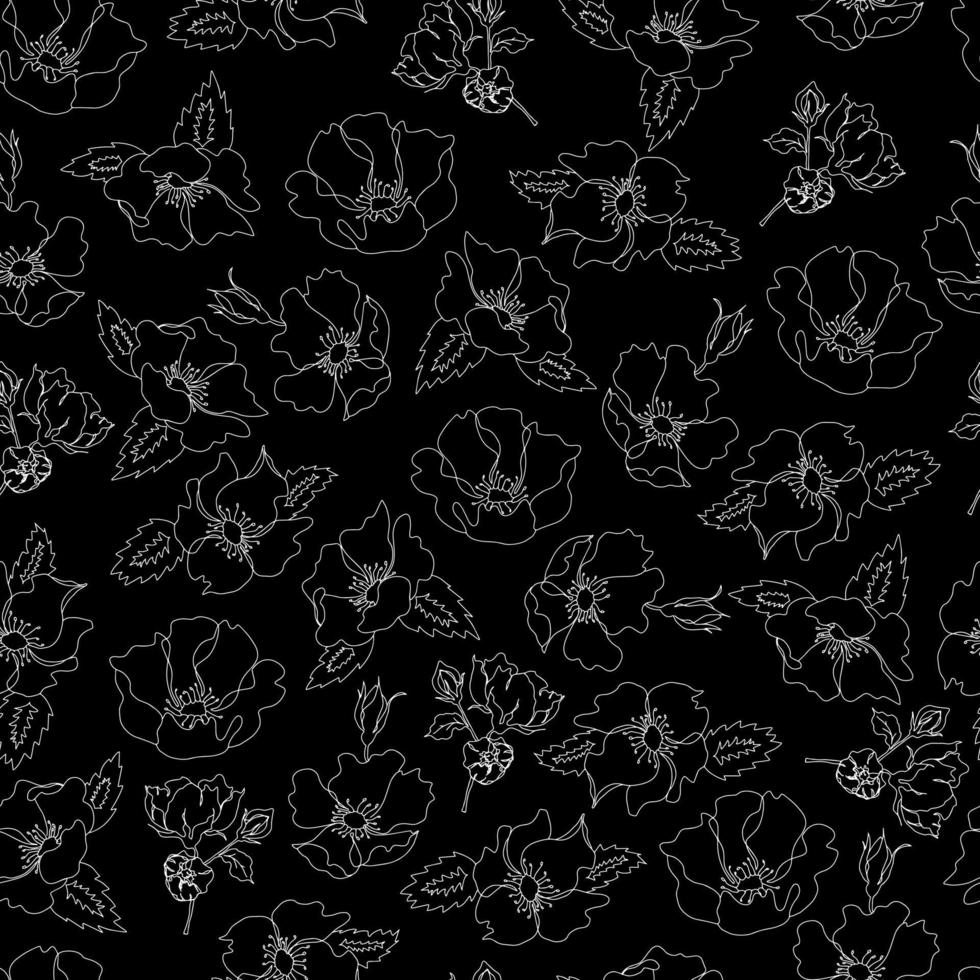 vector seamless pattern contour floral  with opened leaves and buds on a contrasting background . Botanical illustration for fabrics, textiles, wallpapers, papers, backgrounds.