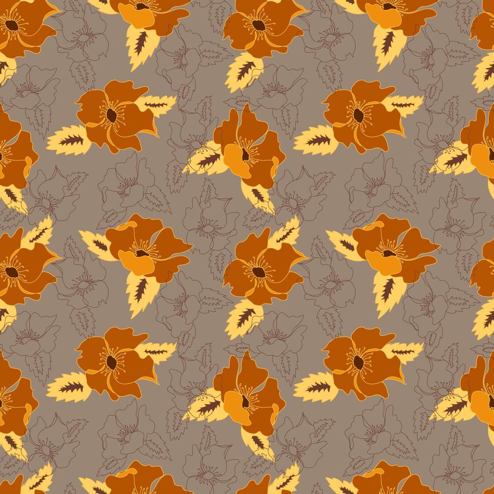 vector seamless pattern contour floral  with opened leaves and buds on a contrasting background. Botanical illustration for fabrics, textiles, wallpapers, papers, backgrounds.