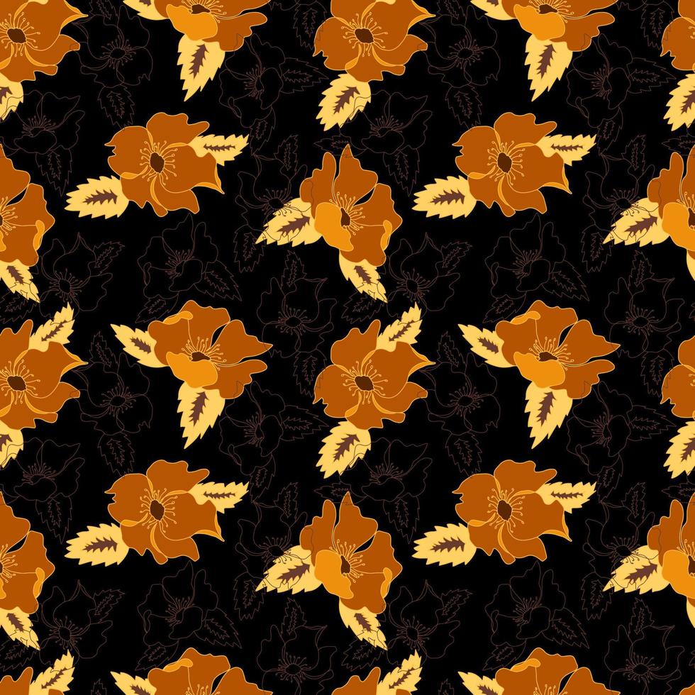 Vector floral de contorno de patrones sin fisuras con hojas abiertas y brotes sobre un fondo contrastante. Ilustración botánica para telas, textiles, papeles pintados, papeles, fondos.