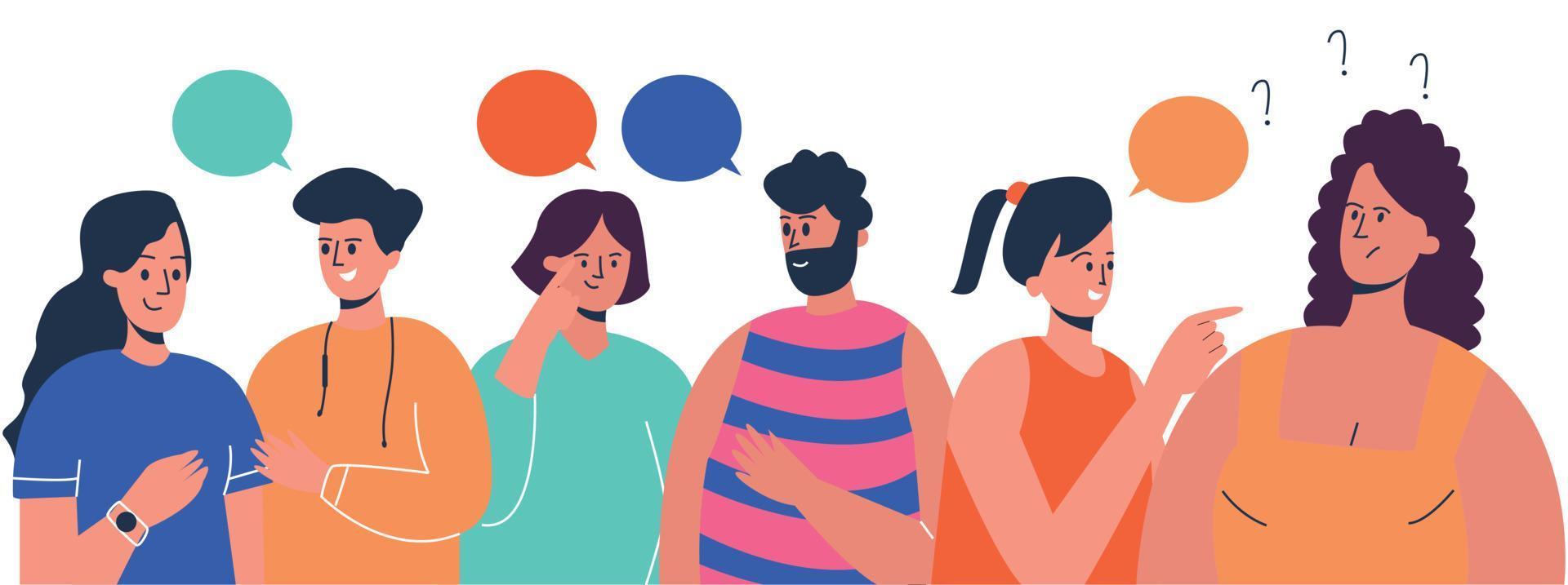 A group of people, friends, talking to each other. Banner with people, different emotions. Vector characters