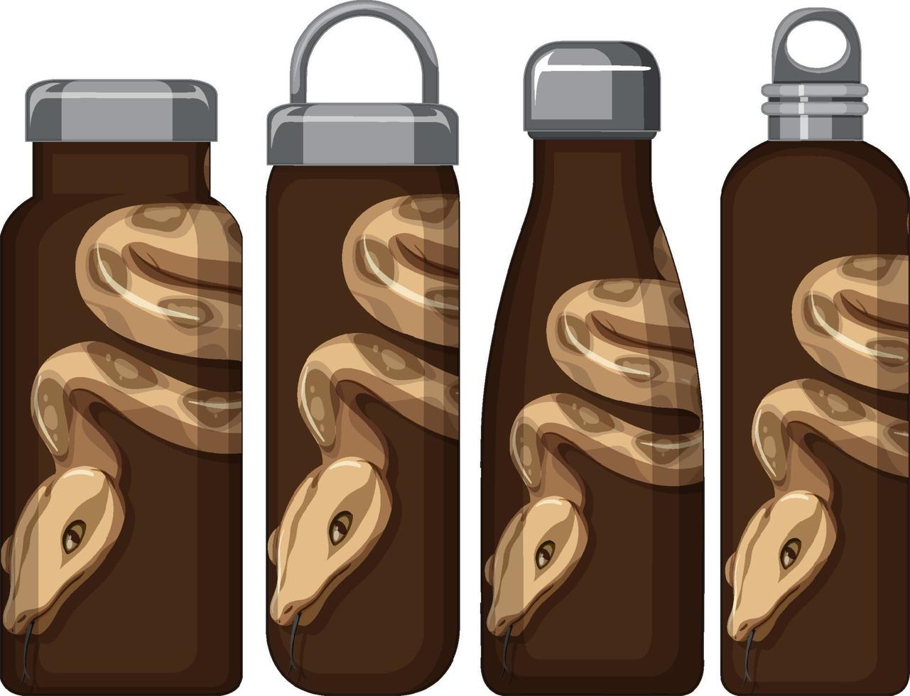 Set of different thermos bottles with snake pattern vector