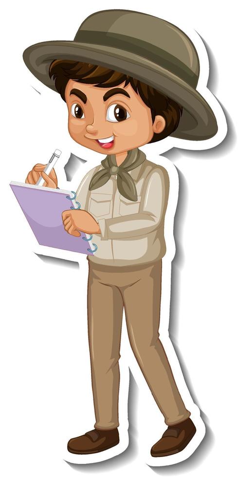 niño en traje de safari etiqueta engomada del personaje de dibujos vector