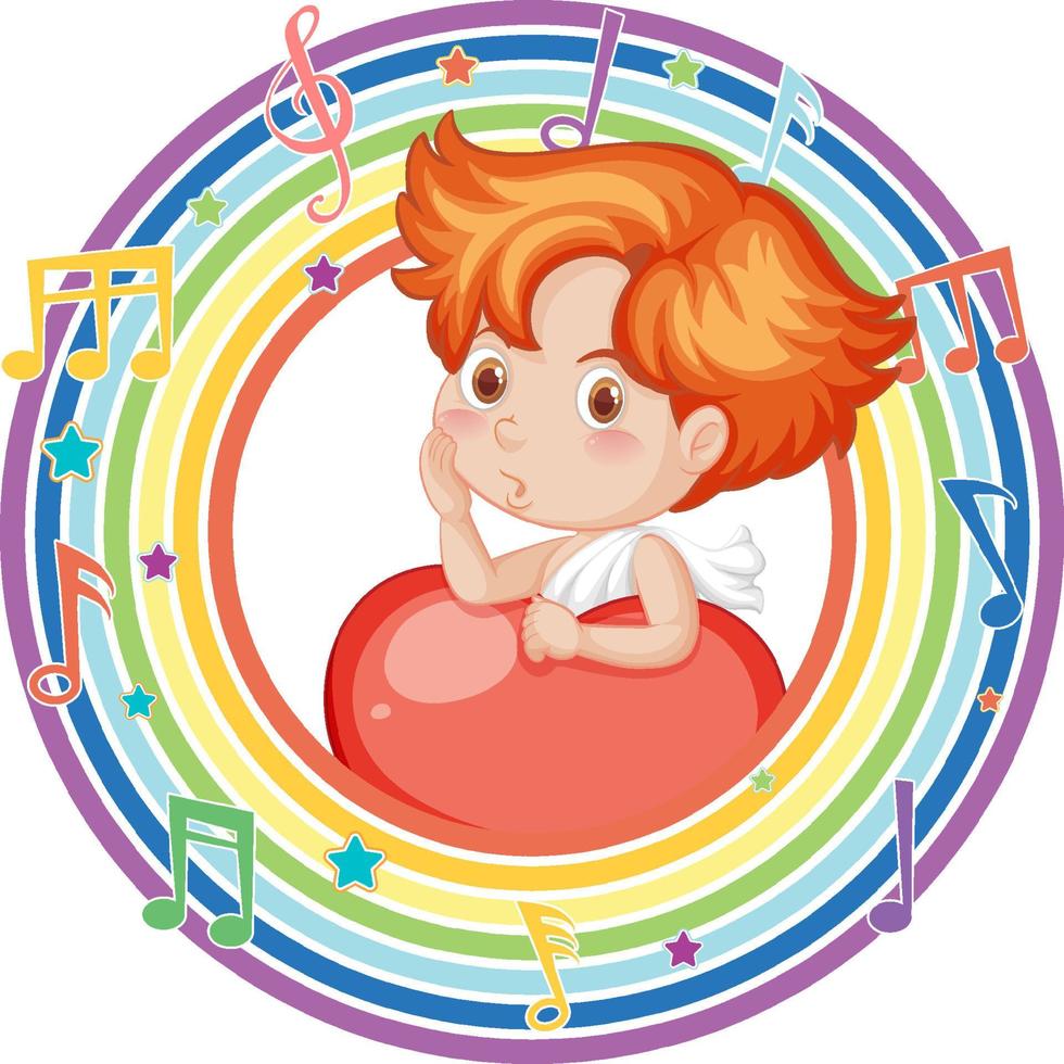 Cupid in rainbow round frame with melody symbol vector