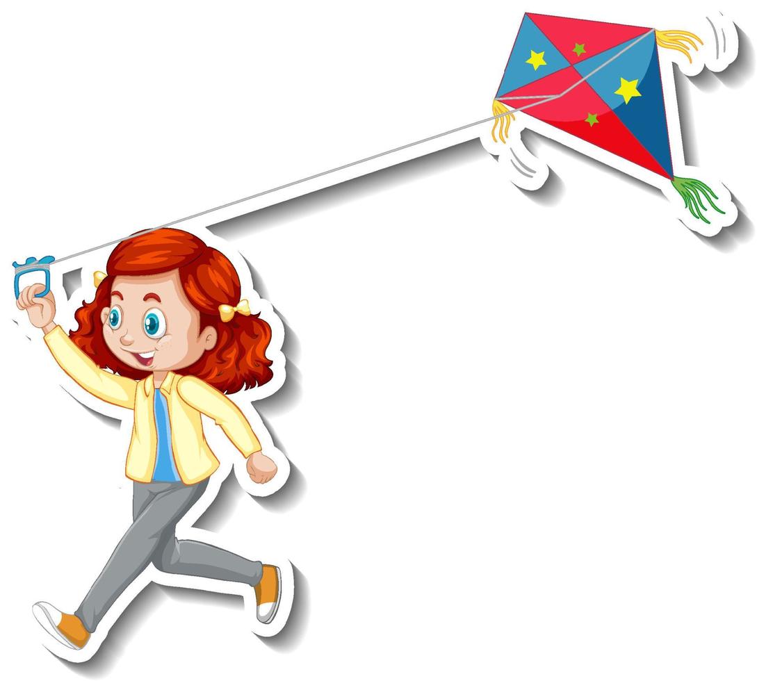Sticker a girl playing kite cartoon character vector