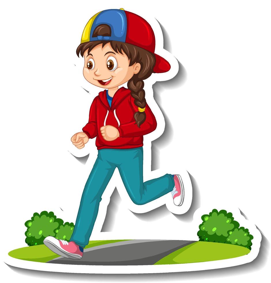 Pegatina de personaje de dibujos animados con una niña corriendo sobre fondo blanco vector