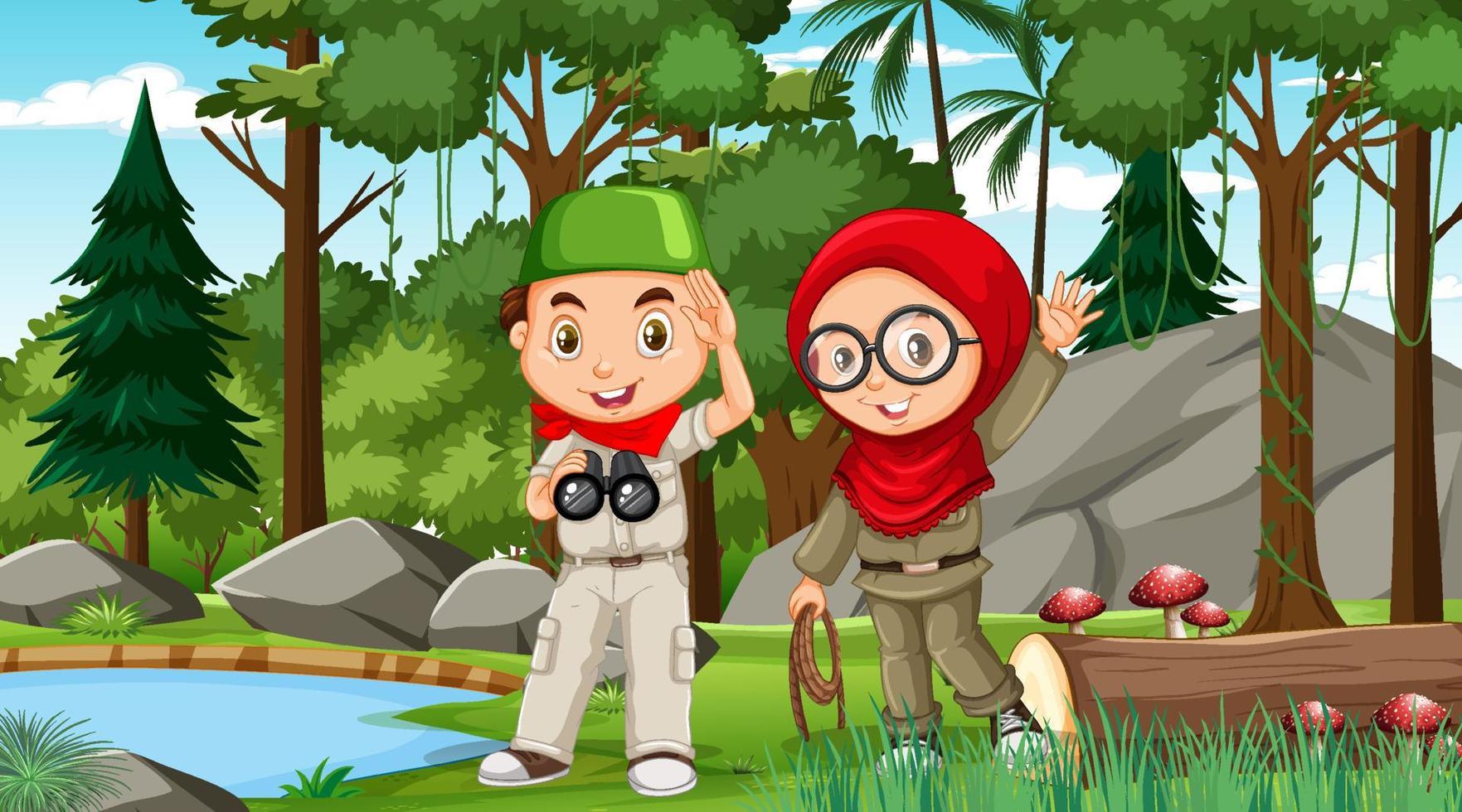 Nature scene with muslim kids exploring in the forest vector