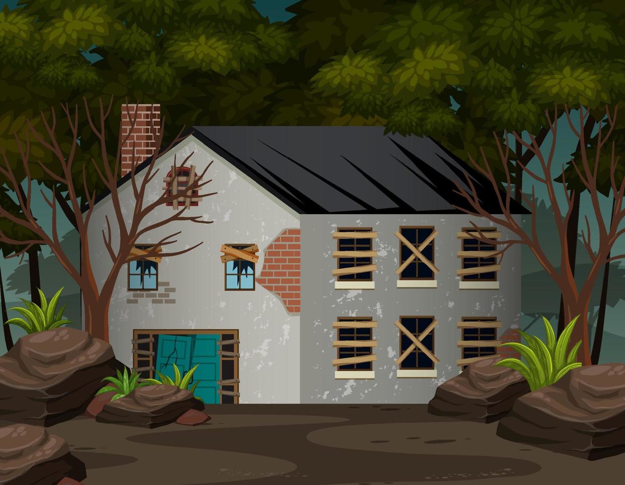 Scene with abandoned house in the dark forest vector