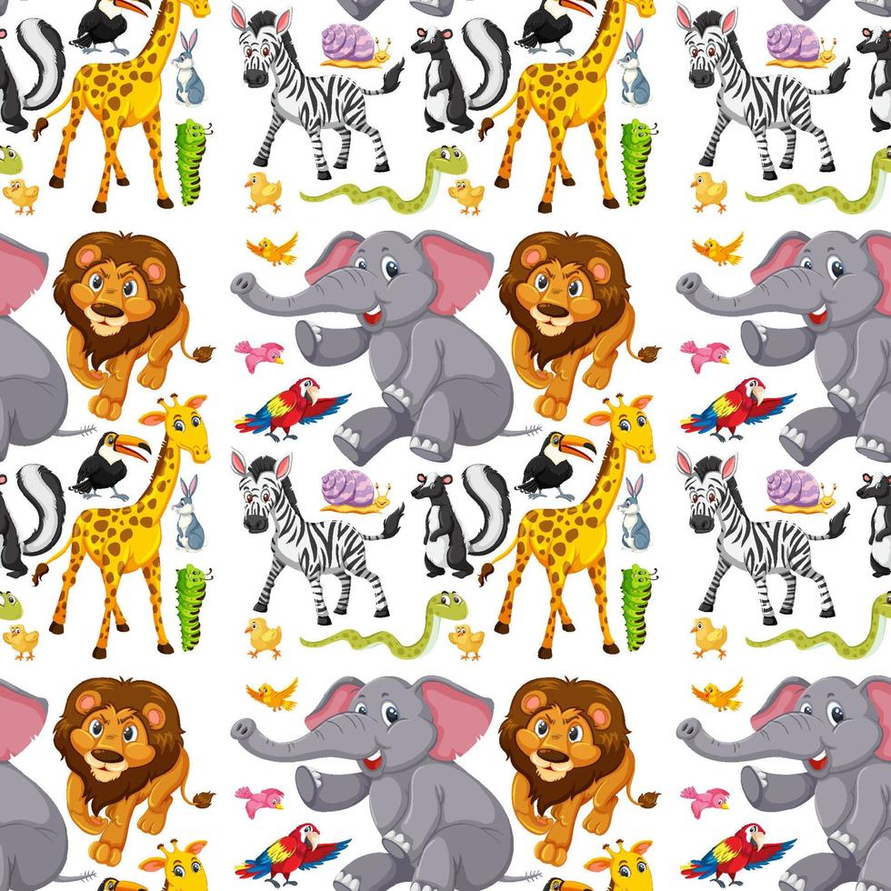 Seamless pattern with cute wild animals cartoon character on white background vector