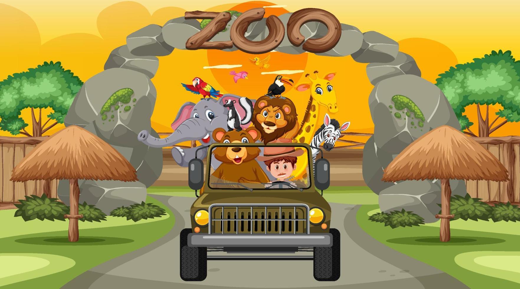 Safari concept with wild animals in the jeep car vector