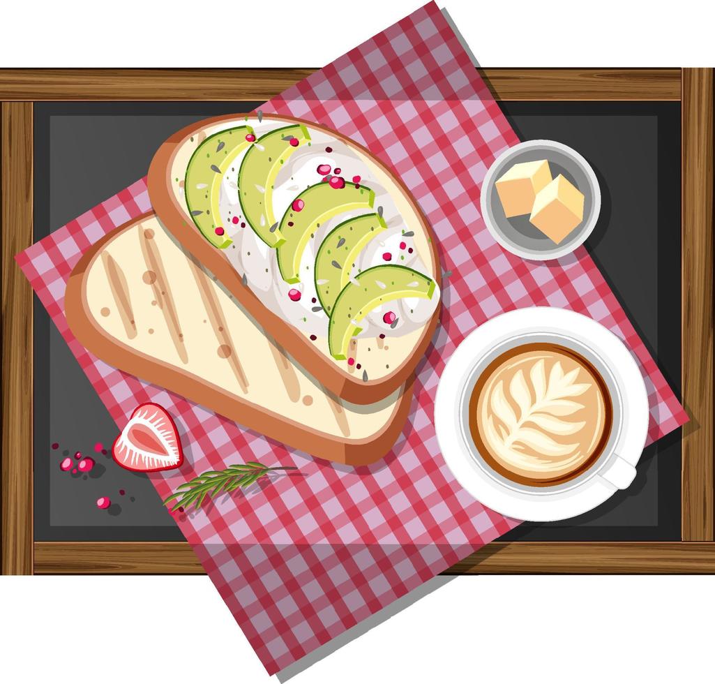 Desayuno con bruschetta y una taza de café aislado sobre fondo blanco. vector