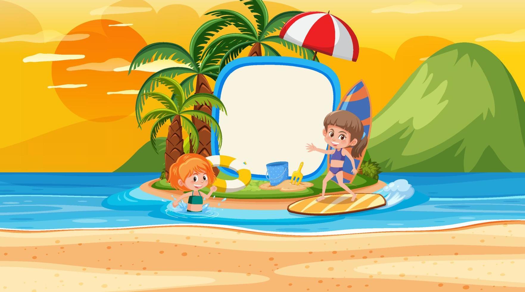 Empty banner template with kids on vacation at the beach sunset scene vector