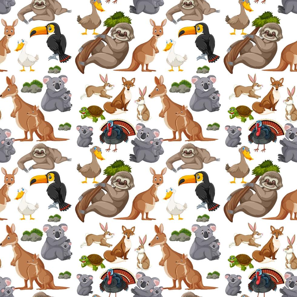 Seamless pattern with cute wild animals on white background vector