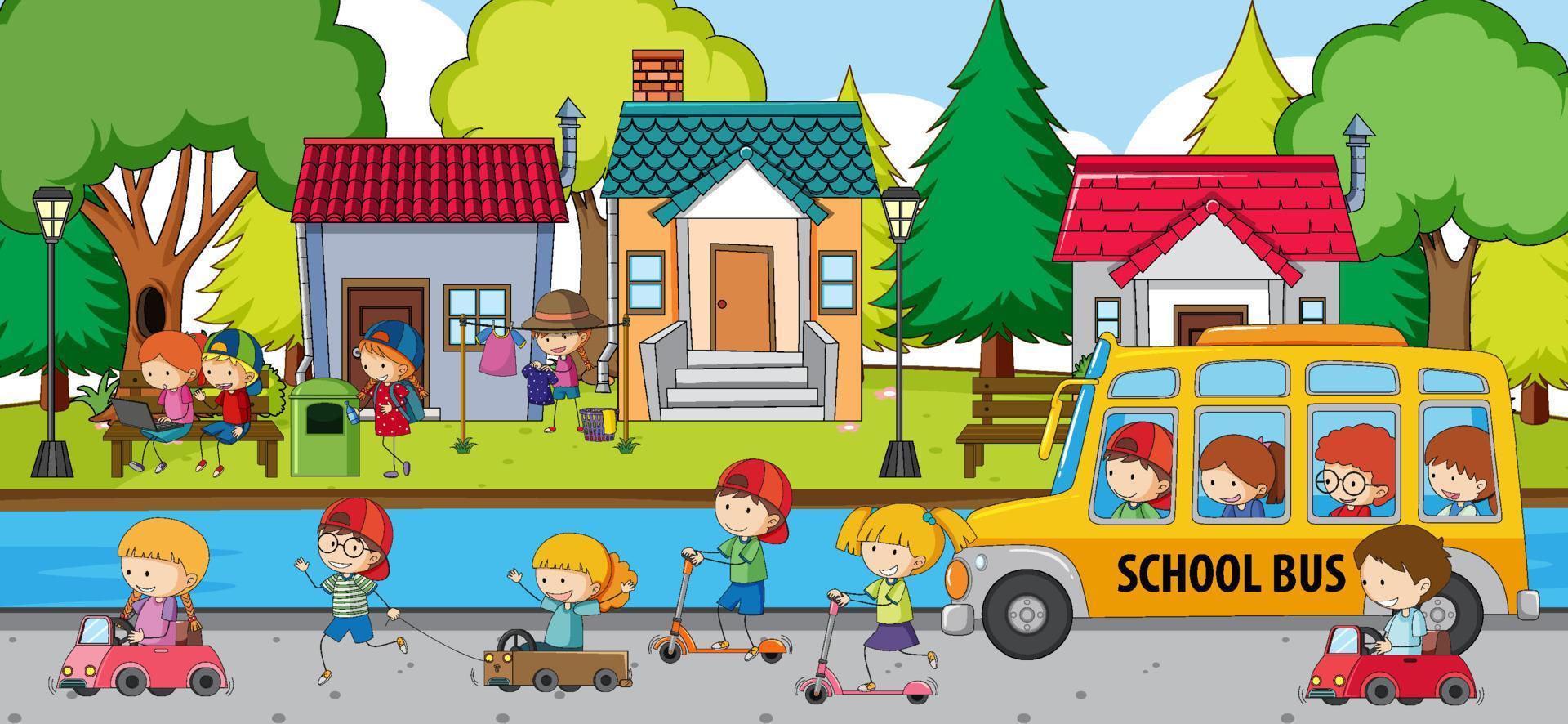 Outdoor scene with many kids playing scooter on street vector