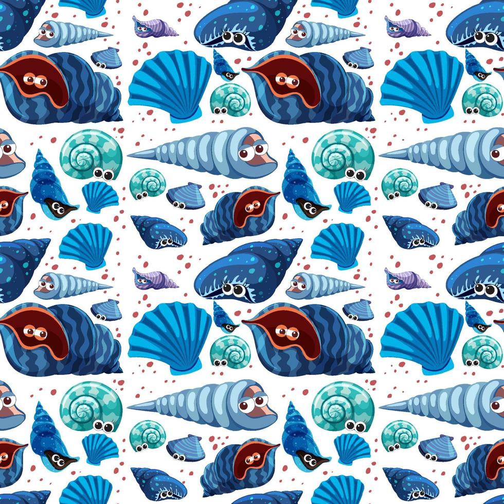 Cartoon Sea Life Seamless Pattern with many different seashells character vector