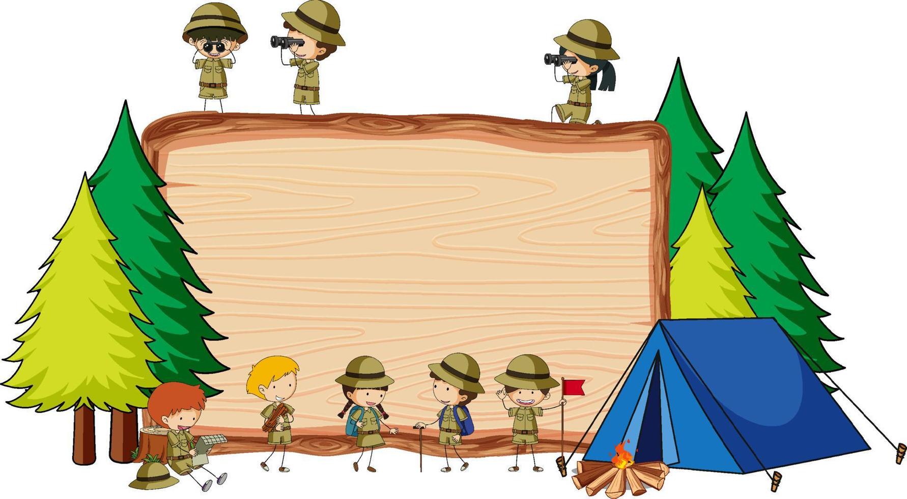 Empty wooden board with many kids in scout theme isolated vector