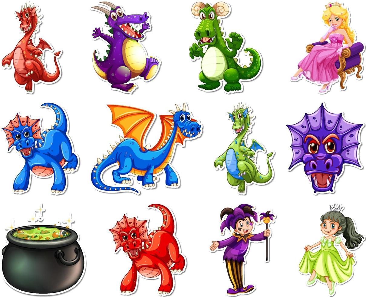 Sticker set with different fairytale cartoon characters vector