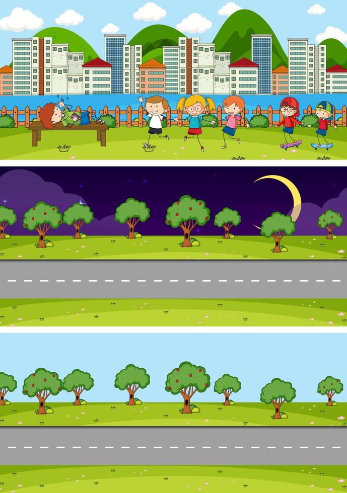 Conjunto de fondo de diferentes escenas de horizonte con personaje de dibujos animados de niños doodle vector