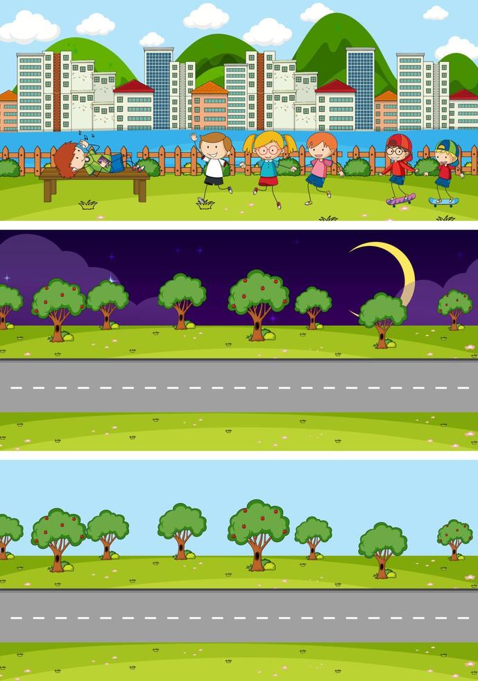 Set of different horizon scenes background with doodle kids cartoon character vector