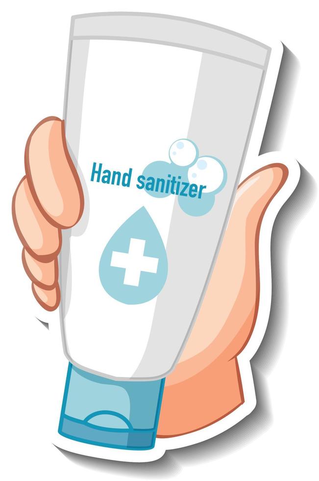 A sticker template with a hand holding hand sanitizer vector