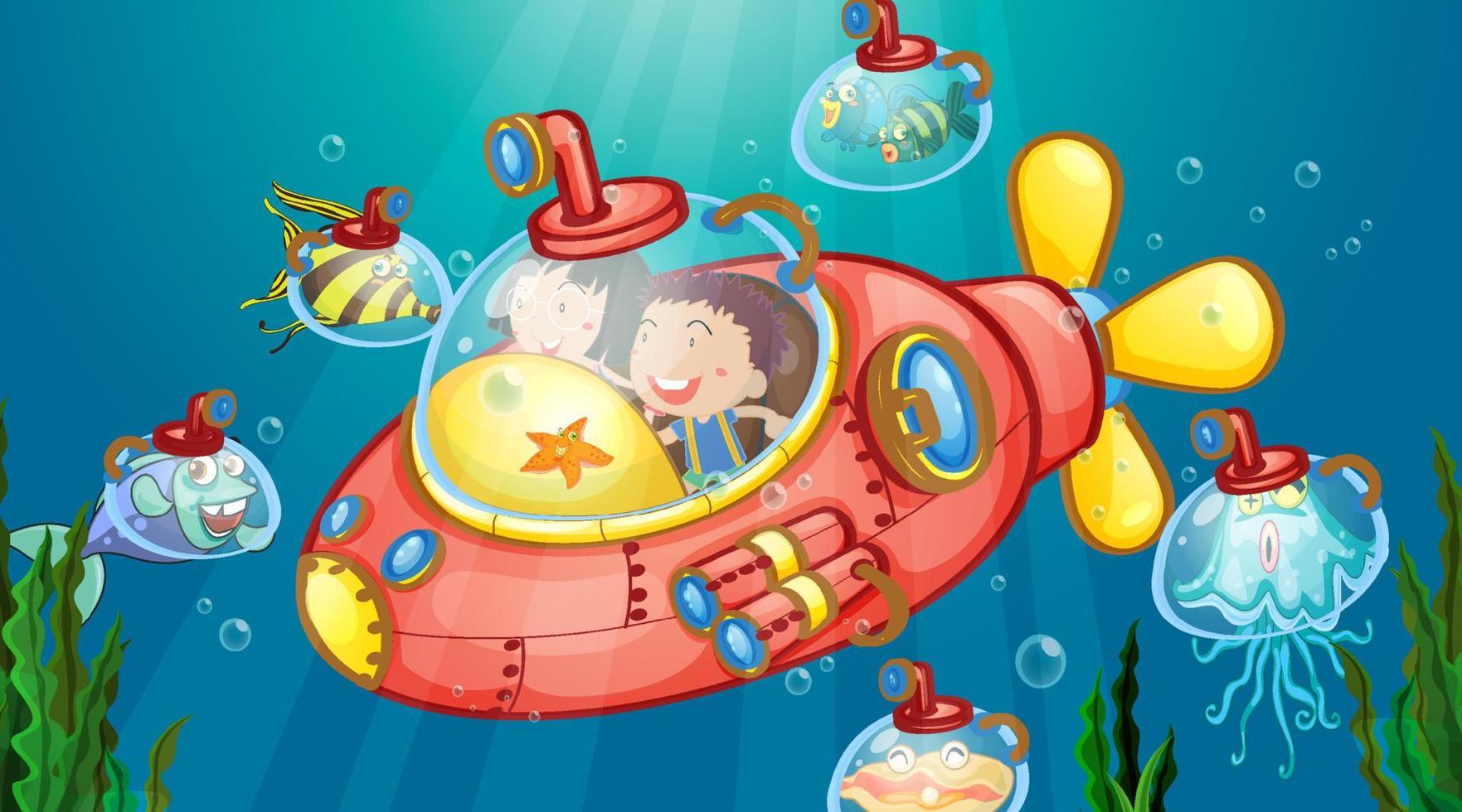 Escena submarina con niños felices en submarino explorando submarinos. vector